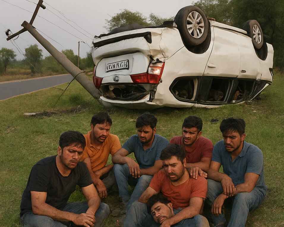 इनोवा पलटी—बर्थडे मनाकर लौट रहे युवकों की गाड़ी का हादसा, बिजली पोल टूटा, कई घायल